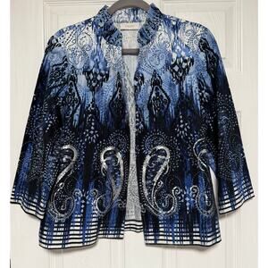 Chico's Women's Blue Paisley Sequin Linen Blend Open Front Blazer Jacket Size 1